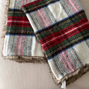 POTTERY BARN STEWART PLAID FAUX FUR BACK THROW BLANKET ~ 50 X 60" ~ IVORY ~ NWOT